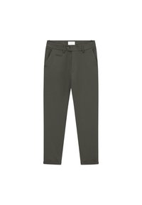Olivově zelené kalhoty na míru vyrobené z hladkého materiálu, se dvěma předními kapsami, poutky na opasek a s předním zipem na knoflík.