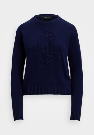 Knitted navy sweater with a crew neck, featuring an embossed anchor design and ribbed cuffs and hem. Soft texture and fitted shape.