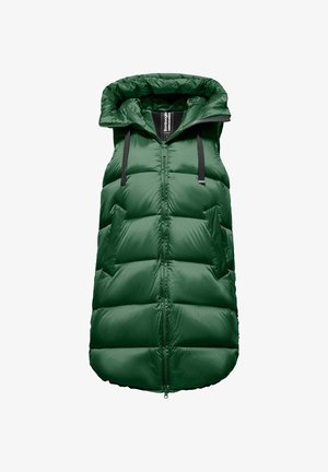 Green puffer vest with a hood, featuring a quilted design, front zip closure, two side pockets, and contrasting black drawstrings.
