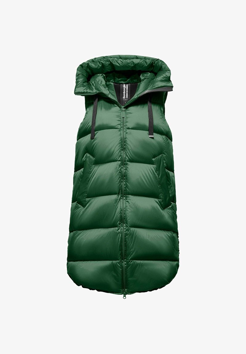 Groene gewatteerde vest met capuchon, met een quiltpatroon, een ritssluiting aan de voorkant, twee zijzakken en contrasterende zwarte trekkoorden.