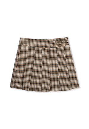 Korte geplooide rok met een bruin, zwart en beige ruitpatroon en een kleine metalen gesp op de tailleband.