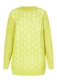 Pulover tricotat de culoare verde lime, cu un model deschis de dantelă, mâneci lungi și manșete și tiv ribbed, evidențiind un design texturat și ușor.