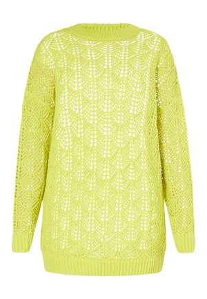 Limegrøn strikket sweater med et åbent bladmønster, lange ærmer og ribbede manchetter og kant, der viser et tekstureret, let design.