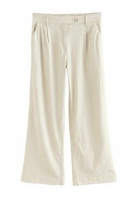 Lichtbeige wijde broek gemaakt van een zachte stof, met een knoopsluiting en voorplooien voor extra structuur.