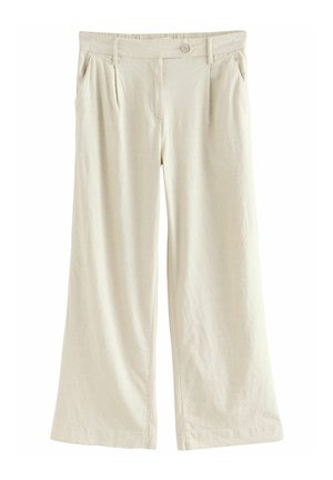 Lichtbeige wijde broek gemaakt van een zachte stof, met een knoopsluiting en voorplooien voor extra structuur.