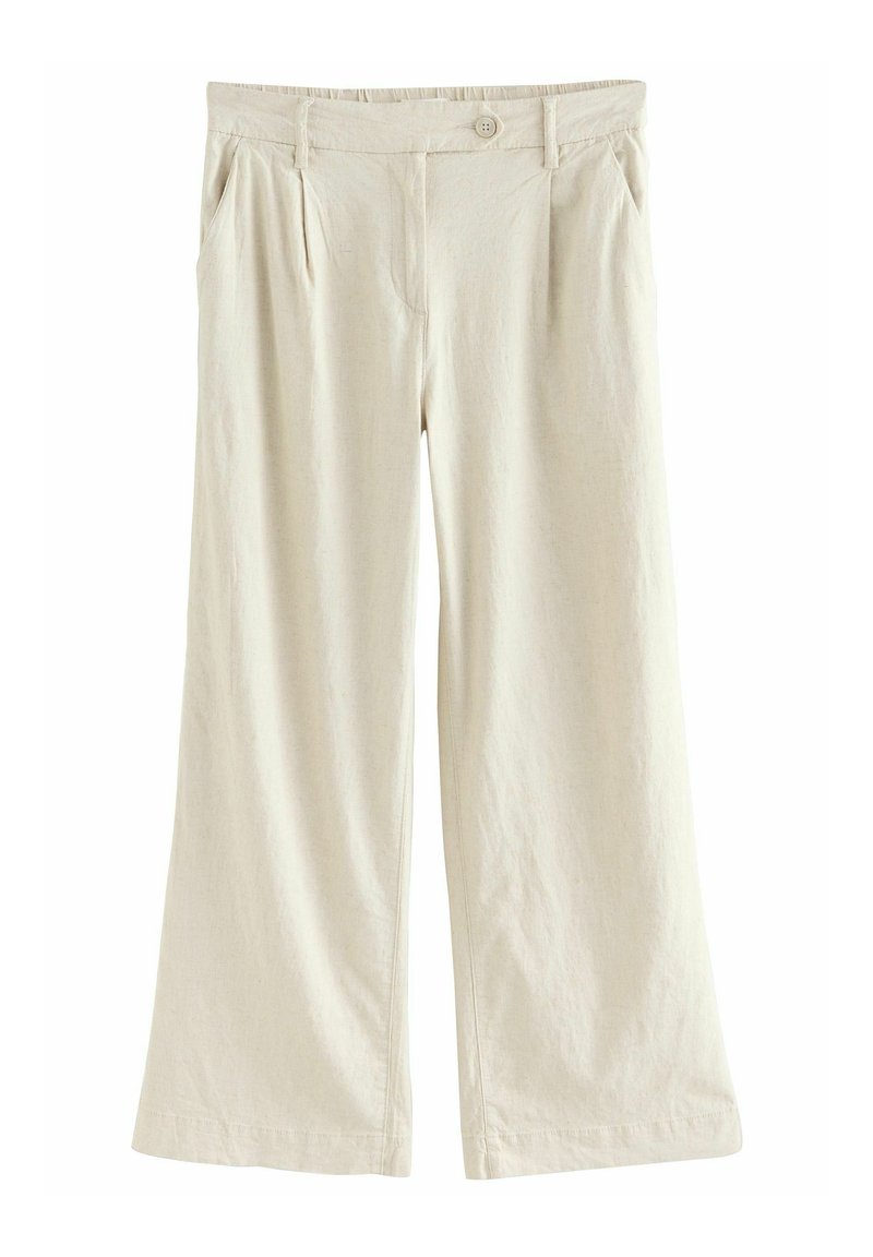 Pantalons larges beige clair en tissu doux, dotés d'une fermeture à bouton et de plis avant pour plus de structure.