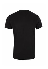 Jednoduché černé tričko s krátkými rukávy, zobrazené zezadu s kulatým výstřihem na bílém pozadí.