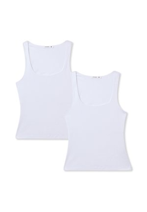 Due magliette senza maniche bianche, con scollatura a barca, design senza maniche, materiale di cotone morbido e forma aderente. Etichetta della taglia visibile.