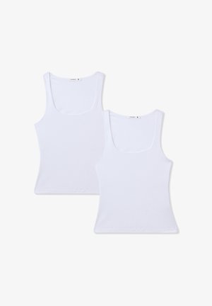 Due magliette senza maniche bianche, con scollatura a barca, design senza maniche, materiale di cotone morbido e forma aderente. Etichetta della taglia visibile.