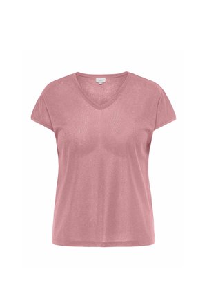 Chemise rose pâle à manches courtes en V, coupe décontractée avec un léger éclat, présentée sur un fond blanc.
