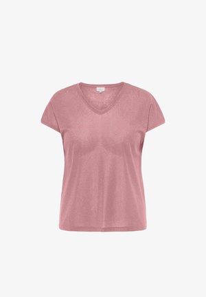 Myk rosa T-skjorte med korte ermer og V-hals, avslappet passform og subtil glans, vist på hvit bakgrunn.