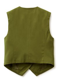 Gilet verde senza maniche con design su misura, caratterizzato da un orlo posteriore spacco e una texture liscia, realizzato in tessuto leggero.