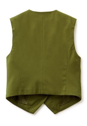 Gilet verde senza maniche con design su misura, caratterizzato da un orlo posteriore spacco e una texture liscia, realizzato in tessuto leggero.