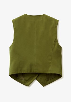 Green sleeveless vest with a tailored design, featuring a split back hem and smooth texture, made from lightweight fabric.