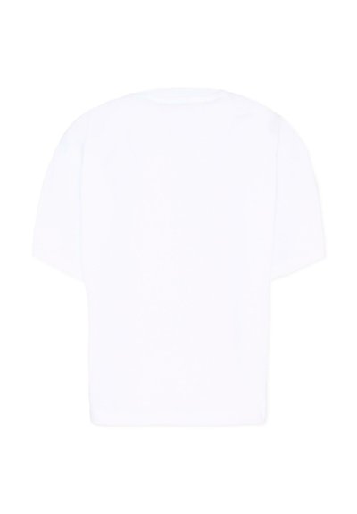 T-shirt blanc uni à manches courtes avec un col rond, vu de dos, sur un fond blanc.