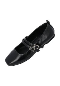 Black leather ballet flats featuring a square toe, dual straps with decorative silver buckles, and a low, flexible sole.