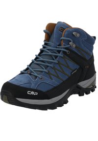 Hiking boots in blue suede and mesh, featuring a black rubber toe cap, grey sole, and brown accents. Adjustable laces and waterproof label.