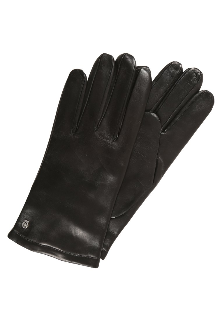 Schwarze Lederhandschuhe mit glatter Oberfläche, Fünf-Finger-Design und einem kleinen Logo-Akzent am Handgelenk. Klassische und figuroptimierte Form.