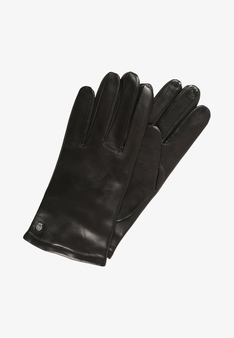 Schwarze Lederhandschuhe mit glatter Oberfläche, Fünf-Finger-Design und einem kleinen Logo-Akzent am Handgelenk. Klassische und figuroptimierte Form.