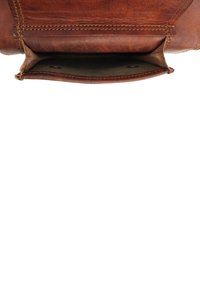 Leather handbag in rich brown with a textured finish, featuring a single compartment and metal snap closure. Stitched detailing visible.