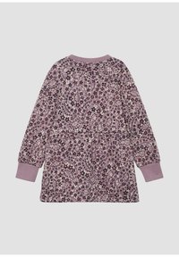 Langärmliges lila Kleid für Kleinkinder mit kleinem Blumenmuster in dunklerem Lila und Weiß, ausgestattet mit soliden, umgeschlagenen Ärmeln und einer r gathered Taillennaht.