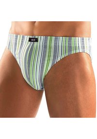 Herren Badebrieft angeschnitten mit einem horizontalen Streifenmuster in Grün, Grau und Weiß. Hergestellt aus einem glatten, dehnbaren Material mit einem Etikett.