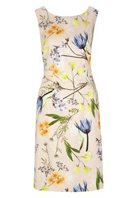 Robe fleurie en beige clair avec des motifs de fleurs bleues, jaunes et orange. Sans manches, coupe ajustée avec un ourlet à hauteur des genoux.