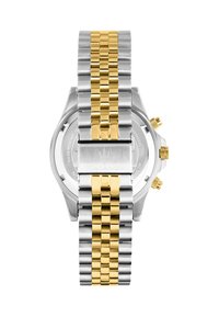 Orologio cronografo in acciaio inossidabile e color oro, con bracciale bicolor, caratterizzato da una finitura lucida e da una corona e pulsanti visibili.