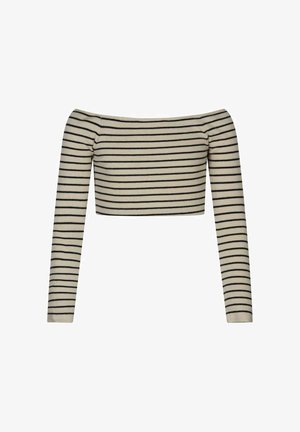 Haut court à manches longues décolleté sur les épaules, beige avec fines rayures noires horizontales, texture côtelée et silhouette ajustée.
