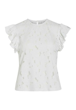 Hvit kortermet bluse med blomstret blonde mønster og volangerm, rund halsutringning og knappelukking bak.