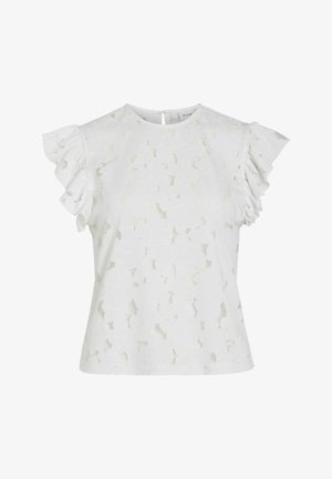 Hvit kortermet bluse med blomstret blonde mønster og volangerm, rund halsutringning og knappelukking bak.