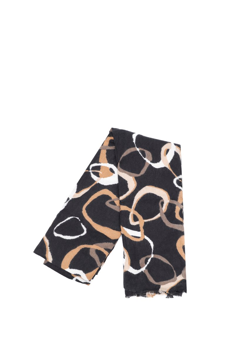 Sciarpa multicolore con base nera e anelli astratti in beige, marrone e bianco. Texture morbida con bordi sfilacciati.