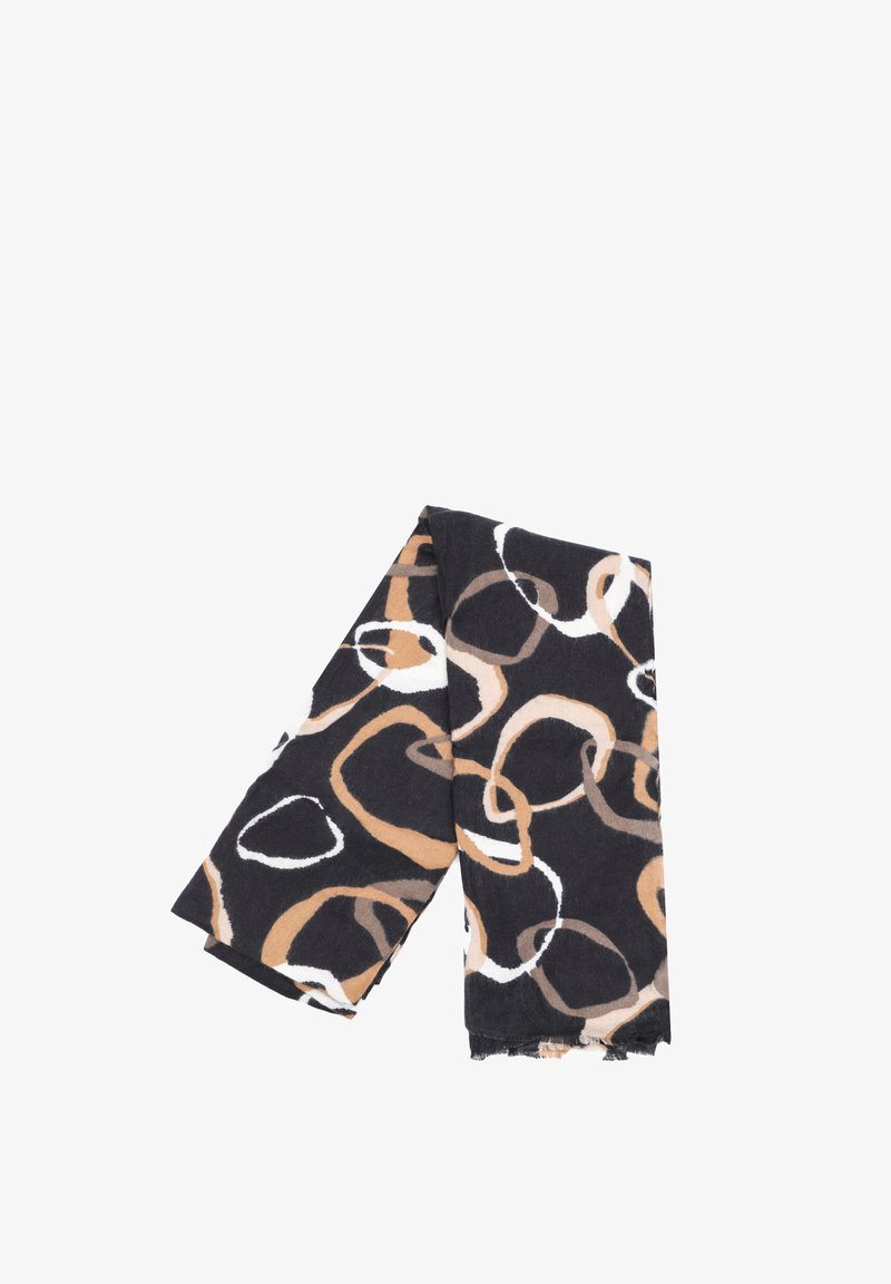 Sciarpa multicolore con base nera e anelli astratti in beige, marrone e bianco. Texture morbida con bordi sfilacciati.