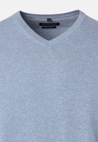 Hellblauer V-Ausschnitt-Pullover aus Pima-Baumwolle, mit einer glatten, weich anfühlenden Textur und einem kleinen Logo auf der Vorderseite.