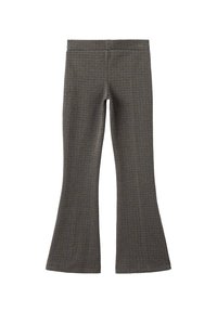 Leggings évasés avec un motif tissé texturé en gris et noir, dotés d'une taille élastique et d'un ourlet fendu en bas.