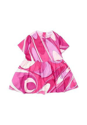 Sukienka z krótkim rękawem w różowo-fioletowy abstrakcyjny wzór, z marszczonym pasem i okrągłym dekoltem.