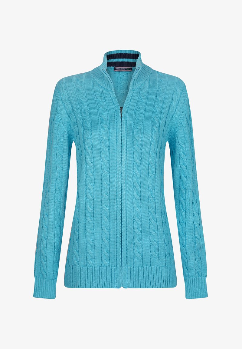 Gestrickte Strickjacke in Hellblau, mit Reißverschluss, gerippten Manschetten und Saum, einem strukturierten Kragen und kontrastierenden inneren Streifen.