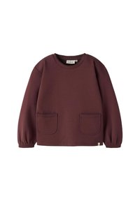 Dlouhý rukáv tmavě fialová mikina s elastickými manžetami, dvěma předními náprsními kapsami a kulatým výstřihem.