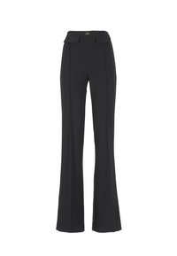 Pantaloni neri a zampa d'elefante con vita alta, caratterizzati da due pieghe frontali e un piccolo dettaglio in metallo dorato in vita. Tessuto di trama liscia.