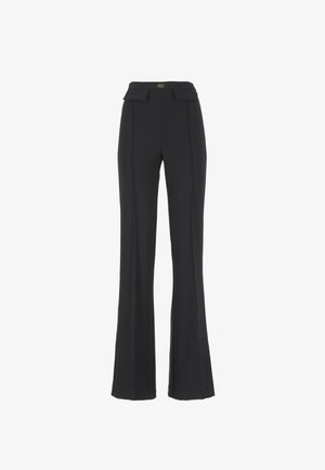 Pantaloni neri a zampa d'elefante con vita alta, caratterizzati da due pieghe frontali e un piccolo dettaglio in metallo dorato in vita. Tessuto di trama liscia.