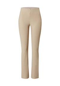 Beige skinny broek van rekbare stof. Hoog getailleerd ontwerp met een gladde textuur en een uitlopend onderbeen. Geen zichtbare patronen of accenten.