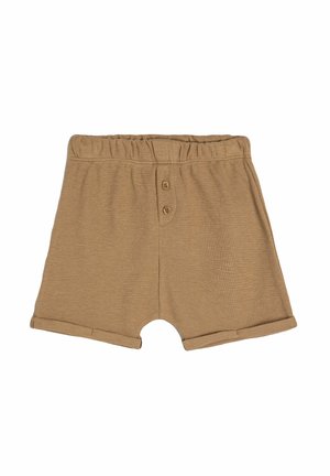 Pantalones cortos de punto marrón con una cintura elástica, dos botones en la parte delantera y un diseño de dobladillo doblado. Textura suave y longitud media.