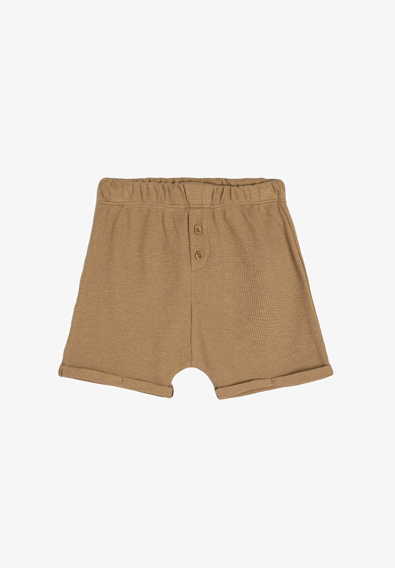 Brown knit shorts with an elastic waistband, two buttons at the front, and a folded hem design. Soft texture and medium length.