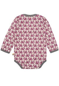 Body neonato a maniche lunghe color crema con motivo di elefanti viola, dotato di polsini a costine grigi e scollatura arrotondata.