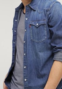 Blå denimskjorte med spids krave, to brystlommer og sølvknapper. Båret over en grå og hvid stribet t-shirt.