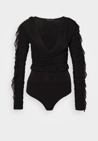 Svart bodysuit med långa, volangärm och djup V-halsringning. Har samlat tyg vid midjan och i fållen, vilket skapar en figurnära silhuett.