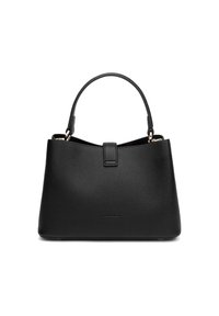 Sac à main en cuir noir avec une surface texturée, au design structuré et une seule anse supérieure. Dispose d'un fermoir à l'avant et d'un logo discret.