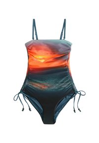 Eén-delig badpak met zonsondergangprint; beschikt over verstelbare bandjes, gerimpelde zijdetails en trekkoorden op de heupen.