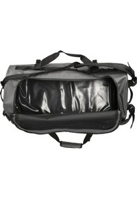 Harmaa vettä hylkivä olkalaukku, jossa on säädettävät hihnat, suuri vetoketjuavoin ja sileä, kiiltävä sisäpinta. Sisältää verkkotaskun.