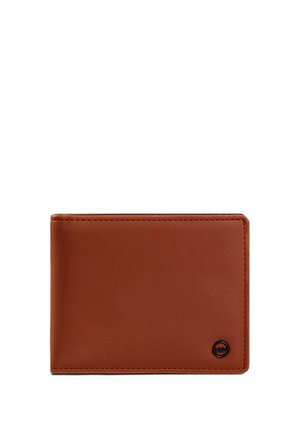Brown leather wallet with a smooth texture, rectangular shape, and a subtle embossed logo in the bottom right corner, featuring clean stitching.